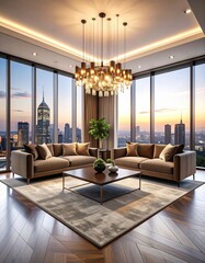 Fototapeta premium A bright and airy living room featuring expansive floor-to-ceiling windows that flood the space with natural light, creating a warm and inviting atmosphere.