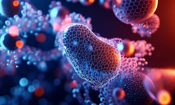 Futuristic cell rendered with glowing digital mesh structure  
