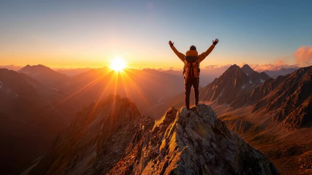 Person reaching top of mountain at sunrise with arms raised in success and scenic mountain range views