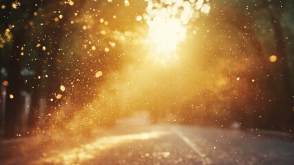 Sunlit road with magical light and bokeh effect