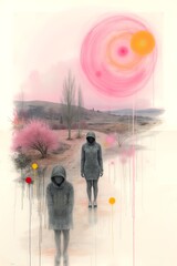 Moody landscape with two hooded gray figures on a path beneath swirling pink and orange celestial bodies. Features contrast between gray figures and vibrant pink nature elements with dripping effects.