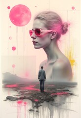 Striking profile portrait with pink sunglasses against pale background with pink circles and splashes. A male figure stands in the foreground looking at the giant portrait across a gray landscape.