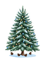 A Christmas tree with lights and blue ornaments. The tree is surrounded by pine cones. The tree is the focal point of the image