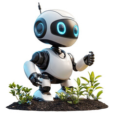 A smart gardening robot tending to plants in a backyard. isolated on white background