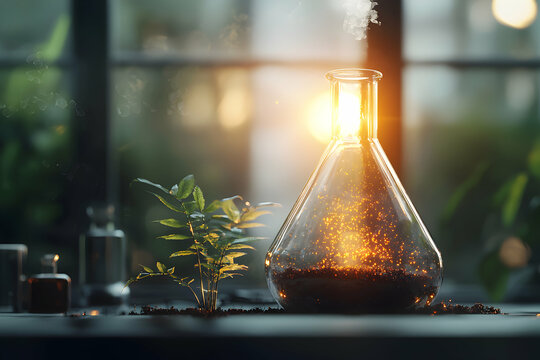 A glowing laboratory flask beside a plant represents scientific discovery and growth. It suggests potential for life. Use it for science articles or presentations