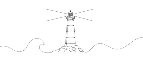 Continuous one line drawing of lighthouse tower on ocean shore. Lighthouse tower one line drawing illustration. Searchlight concept, continuous line art. vector illustration.