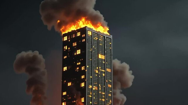 A tall building engulfed in flames with smoke billowing into a dark sky, depicting a dramatic fire scene