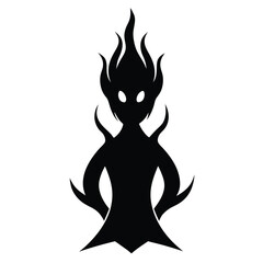 Silhouette of a mysterious creature with flame-like hair on a clean white background