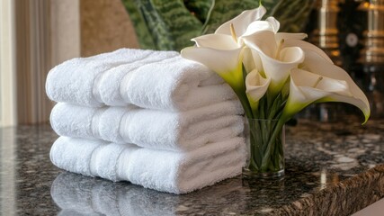 Clean towels and flowers set on a marble counter