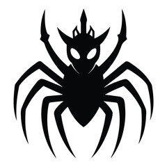 Silhouette of a stylized spider insect with unique crown design against a white background.