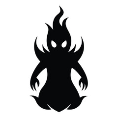 Black silhouette cartoon monster with flames for hair and an eerie expression on its face