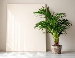 Fototapeta premium A vibrant green potted plant with lush leaves stands gracefully in front of a plain, empty wall, creating a serene and minimalist atmosphere.