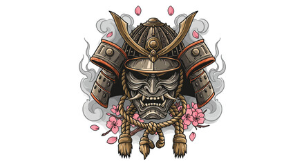 Detailed Samurai Helmet with Cherry Blossoms and Smoky Background Design