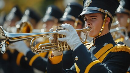 Obraz premium Marching band musician playing trumpet in uniform.