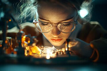 A scientist focuses intently on circuit board repairs. The image highlights precision and meticulous work suggesting electronics repair or engineering applications.