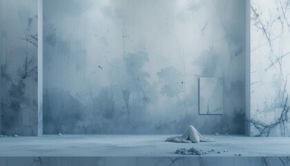 A Pale Blue Abstract Interior Scene with a Wrapped Figure