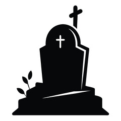 Simple black and white illustration of a tombstone with a cross for memorials
