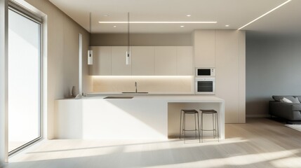 Modern, minimalist kitchen interior design, featuring light beige tones.