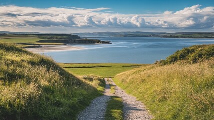 Scenic coastal landscape view with a path