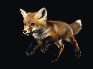 Fototapeta premium Red Fox Kit in Mid-Air Leap Against Black Background