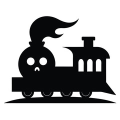 Silhouette of a whimsical black train with a face and smoke for decorative design