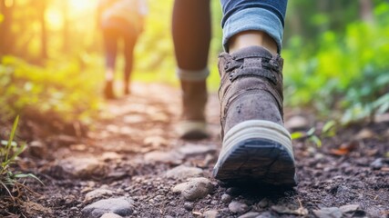 Hiking boots on a trail in the forest