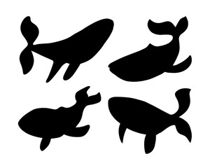 Vector isolated illustration of a set of whale silhouettes.