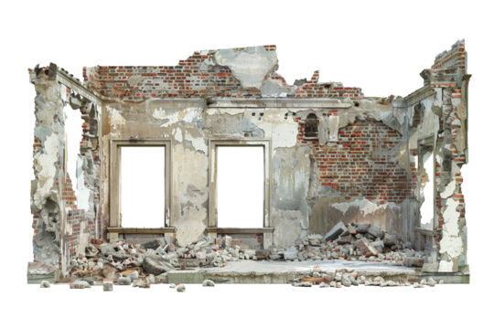 Abandoned building ruins from apocalypse destruction. Isolated wreckage of large urban city from war. Pile of large gray concrete debris from house demolition aftermath. bomb collapsed brick apartment