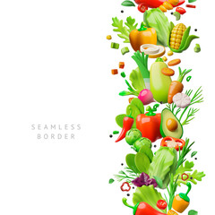 Vegetables with greens 3D plastic style vector vertically seamless border, natural healthy organic food salad ingredient