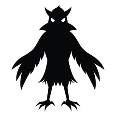 Silhouette of a spooky creature with feathered wings and pointed claws isolated on white background