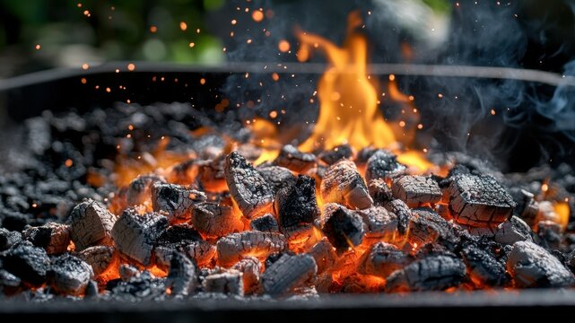 Burning embers of charcoal for BBQ, hot and ready