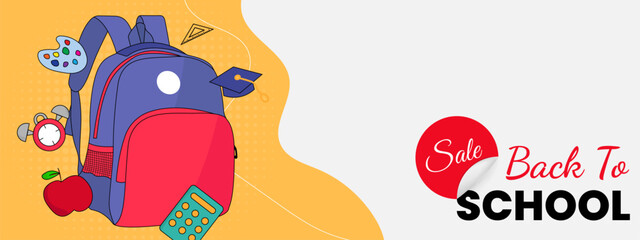 Yellow banner sale back to school with backpack, pencil, ruler, eraser, calculator, toga hat and clock hand drawn