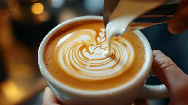 Barista creates intricate latte art at a local coffee shop during a busy morning rush