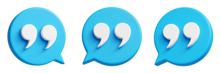 Quote icons, quotation marks in blue round chat bubble 3d icon illustration isolated on white transparent background, png