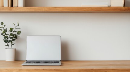 Minimalist workspace featuring a laptop with a blank screen, potted plant, and wooden shelves against a neutral background.
