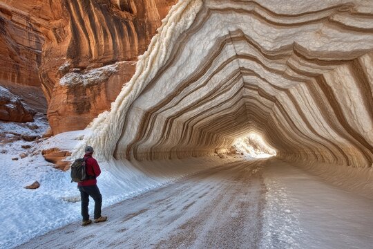 Winter wonderland tunnel, icy walls, snowy road Hiker gazes at a bright tunnel carved into the frozen landscape - Powered by Adobe