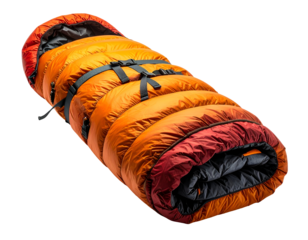 insulated orange and red sleeping bag rolled and strapped for hiking and camping on isolated background
