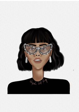 Ilustraci&oacute;n de mujer de pelo corto usando una y-shirt negra y lentes gatubelos con estampado de animal print