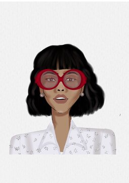 Ilustraci&oacute;n de mujer con cabello corto usando lentes redondos de color rojo