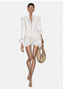 Ilustraci&oacute;n mujer en pasarela de moda con vestido blanco y bolso de cuero cafe