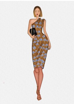 Ilustraci&oacute;n de mujer rubia con cabello corto caminando con vestido caf&eacute; de una manga con bordados de flores azules 