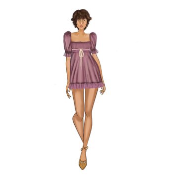 Ilustraci&oacute;n de mujer con corte de cabello luciendo un vestido de mangas y con pliegues que dan movimiento 