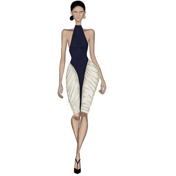 Ilustraci&oacute;n de mujer caminando con vestido a la rodilla con pliegues