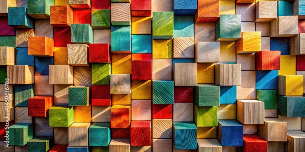 Aufkleber A vibrant arrangement of colorful wooden cubes stacked in a seemingly random pattern, creating a mesmerizing visual display of geometric shapes and contrasting hues.