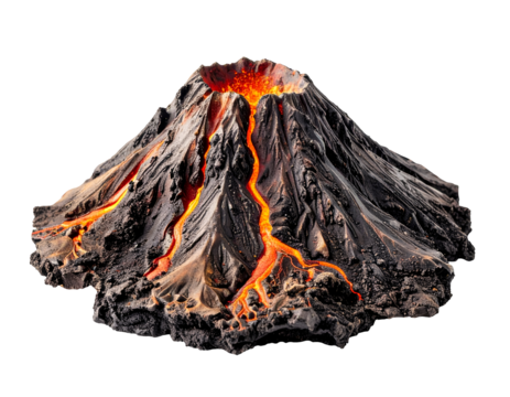realistic erupting volcano with glowing lava streams on isolated background for science and educational use
