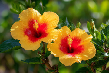 Tropical yellow hibiscus flowers with red centers blooming in sunlight, vibrant and lush