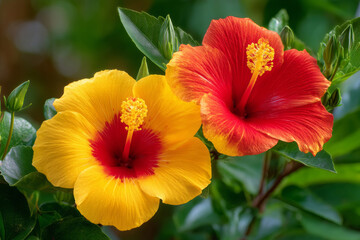 Vibrant yellow and red hibiscus flowers blooming lush green foliage, symbolizing tropical beauty