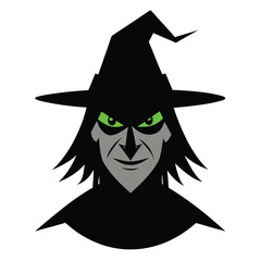 Evil witch with green eyes wearing a black hat for halloween celebrations and spooky design