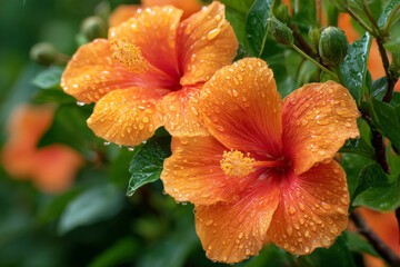 Orange hibiscus flowers with raindrops on petals and lush green leaves in vibrant summer bloom