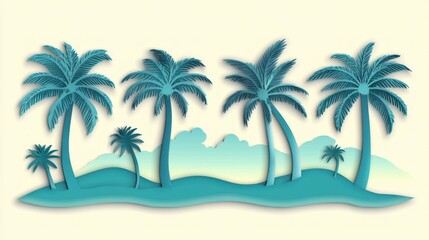 Teal paper cut tropical island scene with palms.